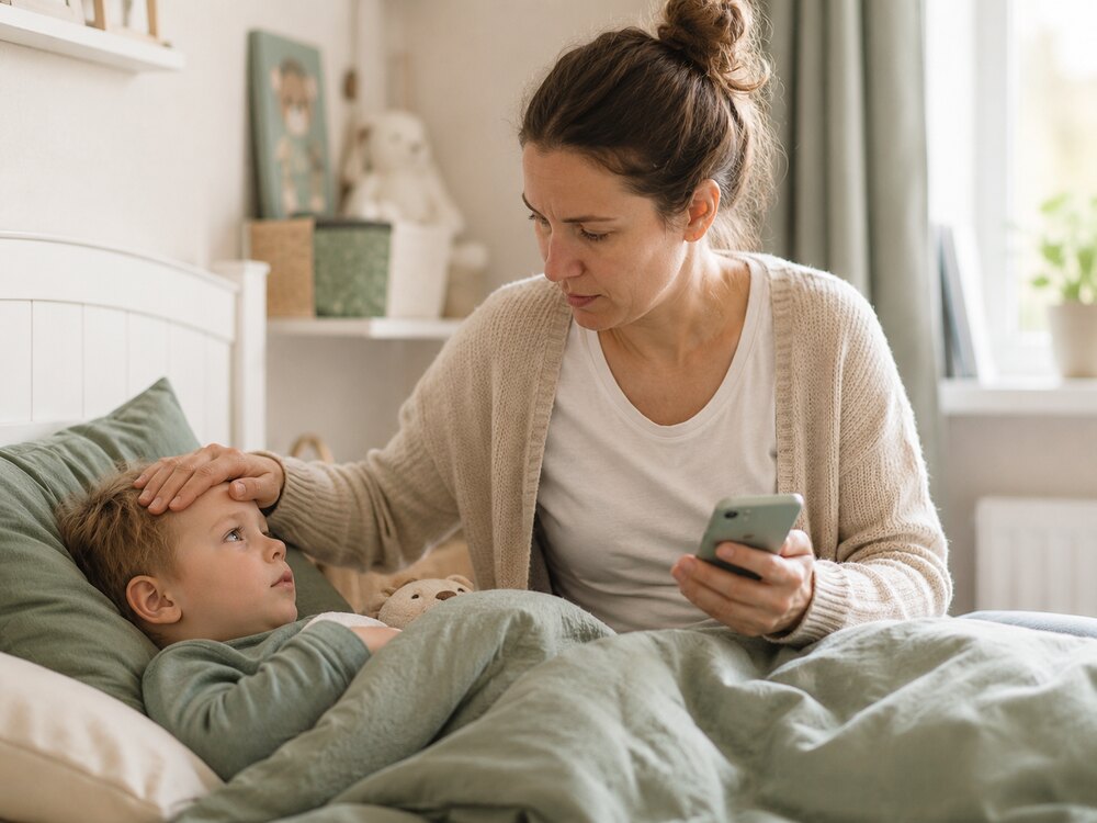 Mutter prüft bei ihrem kranken Kind mit der Calilu-App, was zu tun ist