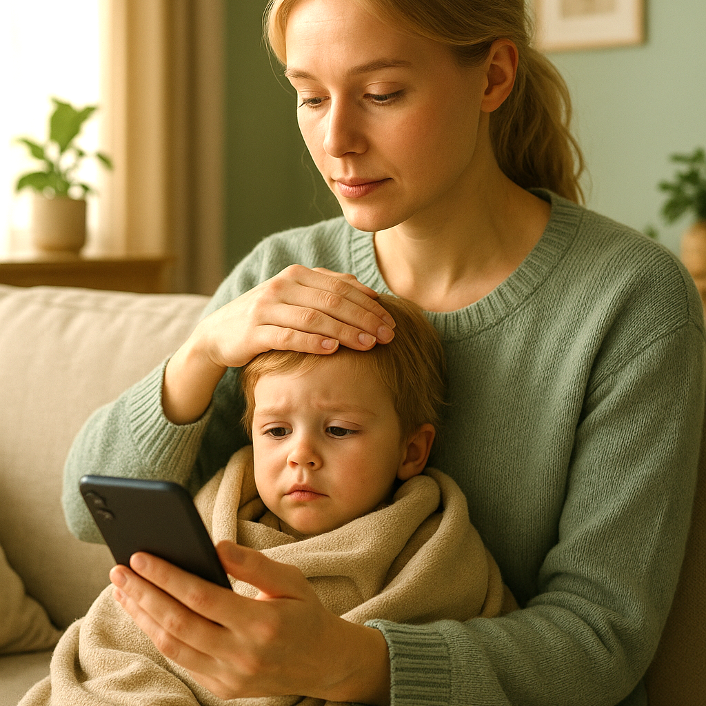 Mutter misst Stirn ihres kranken Kindes und sucht auf dem Smartphone Hilfe – Calilu unterstützt bei der Ersteinschätzung von Symptomen